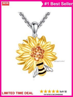 18K Gold Plated Sunflower Fidget Necklace Bee Spinner Pendant
